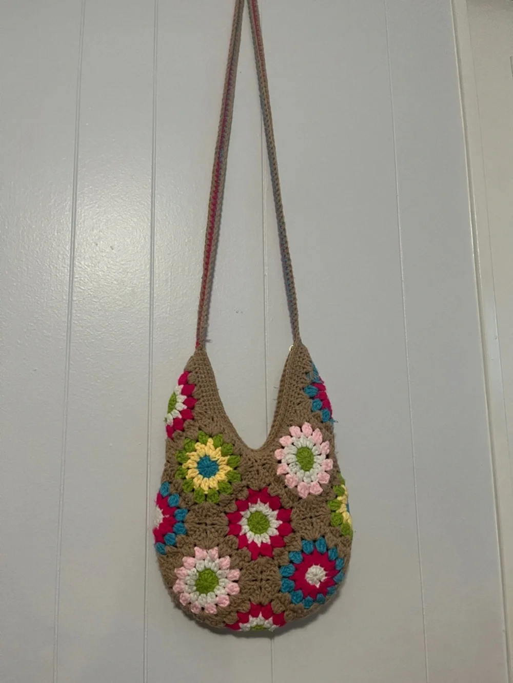 Handcrafted Multicolor Crochet Shoulder Bag - Brown and Floral Accents - Picture 2 of 6